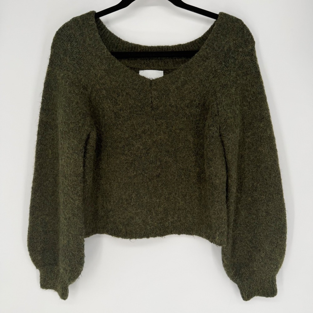 JASON WU WOOL BLEND BALLOON SLEEVE SWEATER FOREST GREEN MEDIUM FUZZY EARTHY COZY